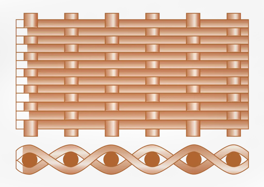 Standard plain weave wire cloth technical diagram showing top and side view specifications.